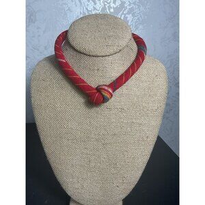 Knotted Red & Multicolor Fabric Necklace With Barrel Clasp
